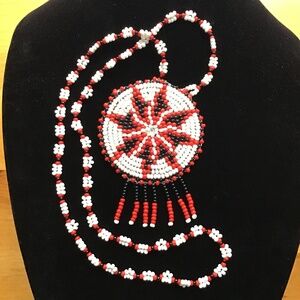 Vintage Native American Beaded Medallion Necklace Southwest Style Seed Leather